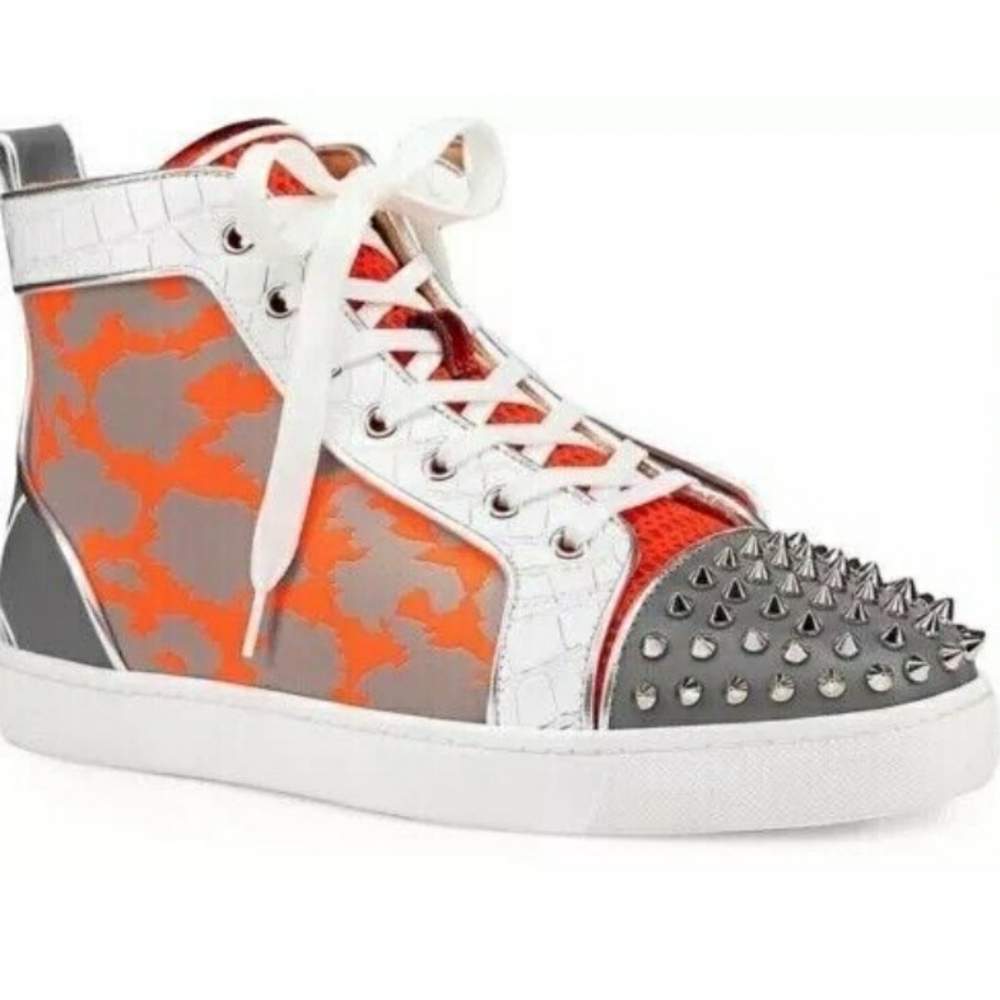 Christian Louboutin Men Fun Lou Spikes Flat Reflex Orange High Top Sneakers 41 8